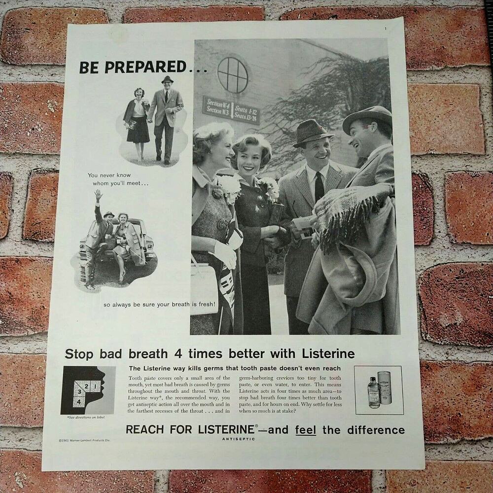 Listerine‎ "Be Prepared Never Know Who You'll Meet" - Vtg 1961 B&W PRINT AD